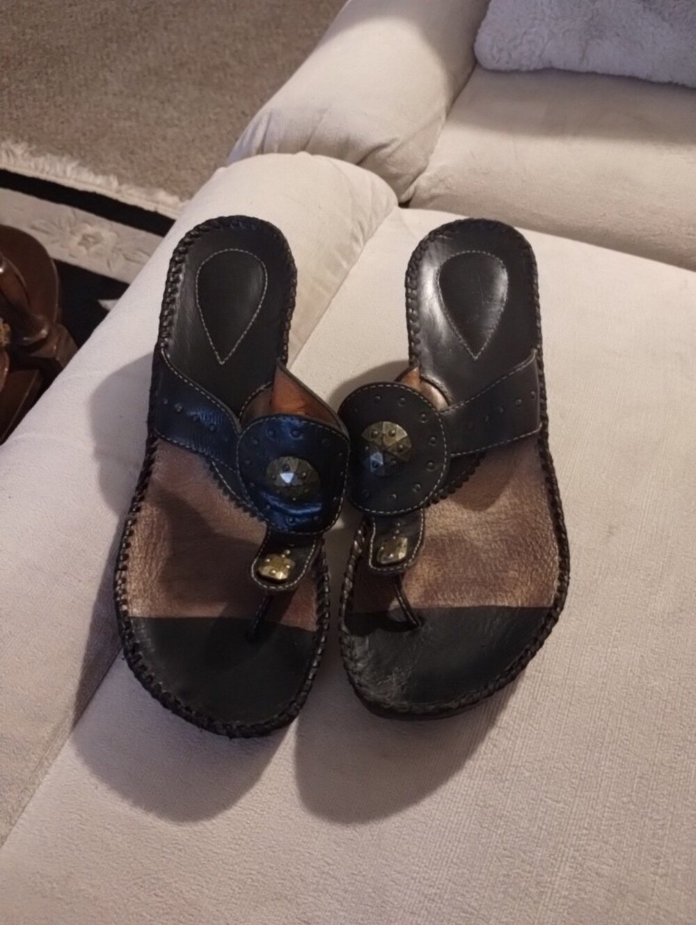 Vtg Y2K Black Leather Artisan Wedge Sandals Sz 8m